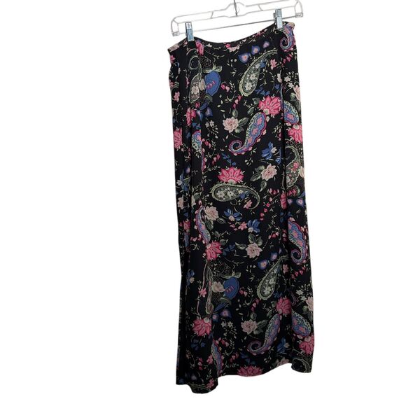 Kathie Lee Skirt Women's 12 Black Floral Paisley Slit Lined Colorful Printed - Picture 1 of 9